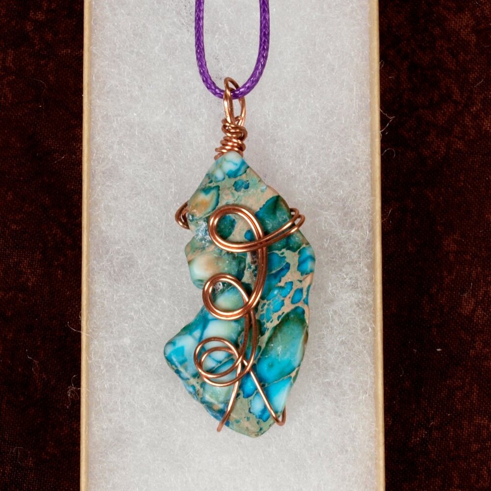 Wire Wrapped Blue Stone Necklace with Black Cord  Unisex